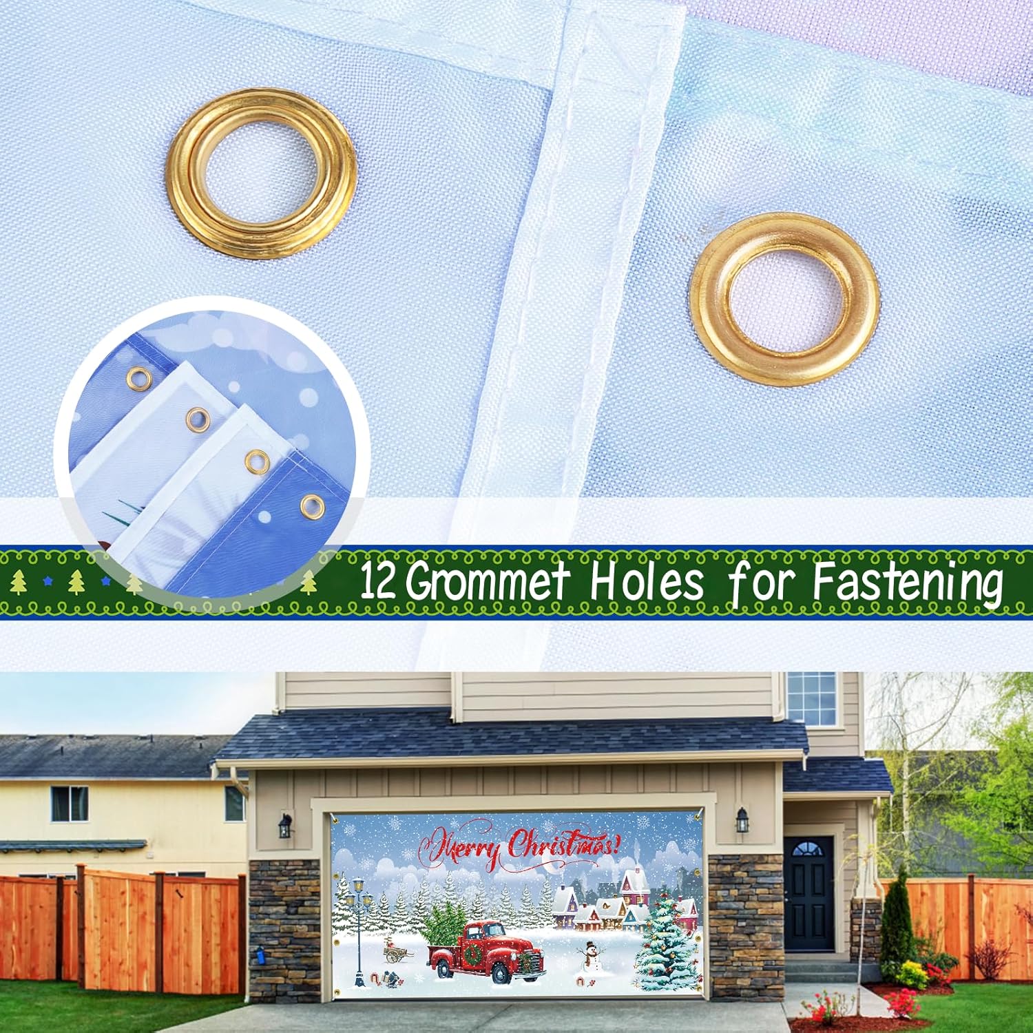 7x16 ft Christmas Garage Door Banner, 2025 Holiday Garage Door Decoration, Large Door Cover with Festive Design, Outdoor Xmas Banner, Merry Christmas Mural (Blue-2)